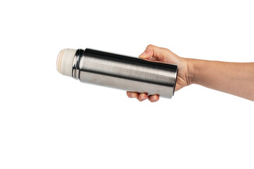 Bottle tumbler aluminium water glass and hand isolated transparent background.