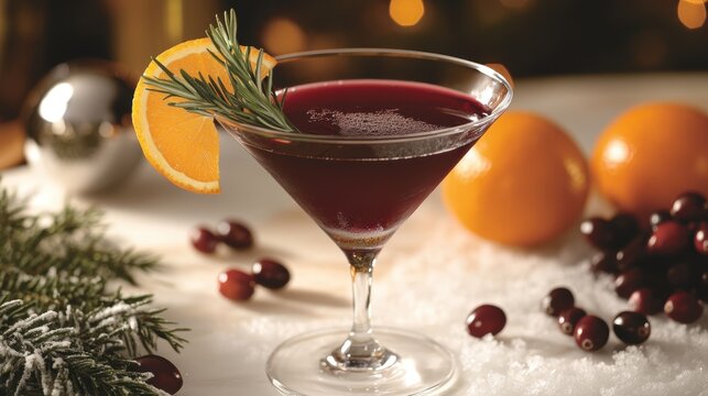A crimson elixir of cranberry juice and tart red wine, garnished with fresh orange slices and rosemary sprigs.