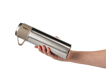 Bottle tumbler aluminium water glass and hand isolated transparent background.