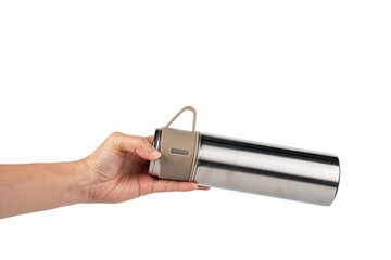 Bottle tumbler aluminium water glass and hand isolated transparent background.