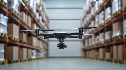 Fototapeta premium ERP software and inventory, A drone hovers in a warehouse filled with neatly stacked boxes, showcasing advanced technology in logistics and inventory management.
