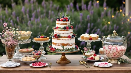 Backyard wedding reception dessert table with three-tier semi-naked cake, fresh berries, homemade pies, cupcakes with buttercream frosting and macarons in garden setting with lavender