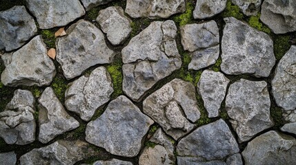 Fototapeta premium A Textured Stone Wall Surface With Green Plant Growth