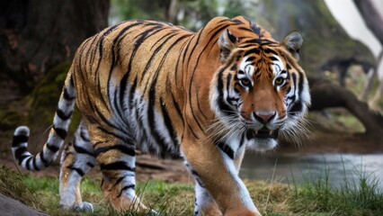 Fototapeta premium Majestic Glitter Tiger Stalking Through Sunlit Jungle