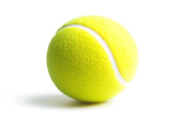 A vibrant yellow tennis ball, ready for a thrilling match, poised against a stark white background showcasing its bright, fuzzy texture.