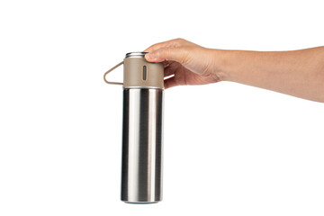 Bottle tumbler aluminium water glass and hand isolated transparent background.