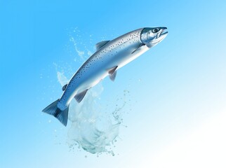 Obraz premium A vibrant, silver-scaled salmon leaps from the water, creating a splash against a clear blue background, symbolizing nature and vitality. Generative by Ai