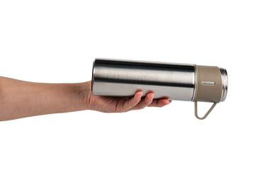 Bottle tumbler aluminium water glass and hand isolated transparent background.