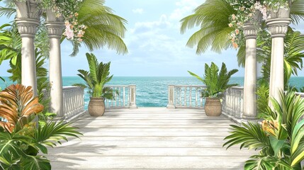 Fototapeta premium Tropical paradise backdrop with columns, palms, and serene ocean vista, vacation ambiance