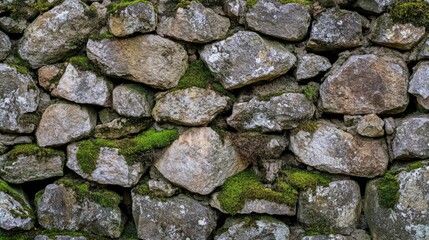 A weathered dry stone wall covered with bright green moss