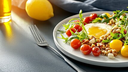 A beautifully presented plate of fusion cuisine with a fork ready to enjoy the unique blend of flavors and ingredients