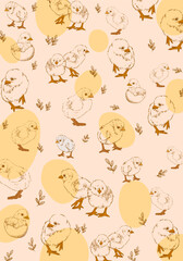 Cute baby chicks and hen hand drawn pattern vector illustration. Design for poster, cards, banner, wallpaper, textile.