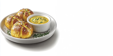 Fototapeta premium Soft Pretzel Rolls with Cheese Dip on White Background. Copy Space.