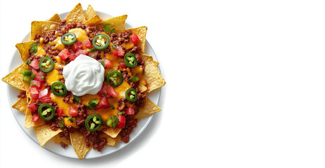 Fototapeta premium Loaded Nachos with Cheese, Ground Beef, Jalapenos, and Sour Cream on White Background. Copy Space.