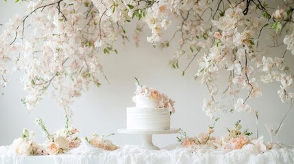 Elegant wedding cake adorned with pink blossoms and floral decor