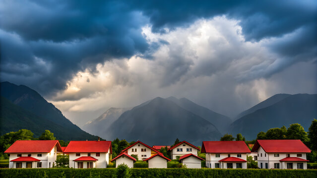 picturesque village with red roofed houses under dramatic stormy skies and mountains