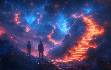 Surreal Forked Path with Floating Trees and Staircases  