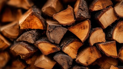 Fototapeta premium An up-close view of stacked cut firewood highlights the rich textures and colors of the wood, symbolizing nature's beauty and the warmth of home during the colder months.
