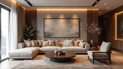 Modern Living Room with a Japanese Plant Sakura. Modern Interior Design