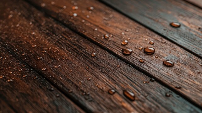 A striking image showcasing glistening water droplets on a rustic wooden surface, inviting feelings of warmth and connection to nature, ideal for earthy designs. - Powered by Adobe