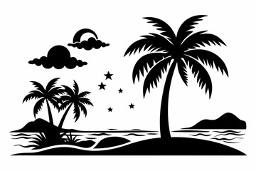beach with palm tree line art silhouette vector illustration