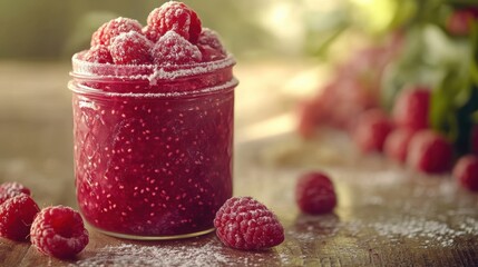 A jar brimming with a vibrant raspberry dessert, a sweet symphony of red and white, adorned with fresh raspberries and a sprinkle of white sanding sugar.