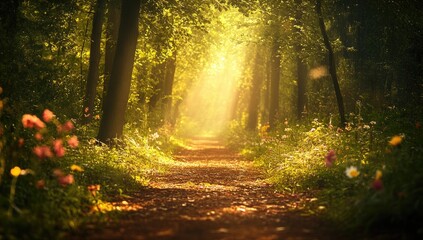 Fototapeta premium Sunlit forest path through vibrant flowers