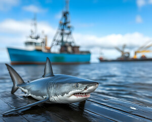 Fototapeta premium A deceased shark lies on a dock with fishing vessels in the background