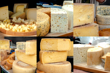 Collage of assorted cheese varieties at a market stall. Composite image.