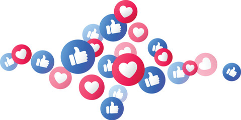 Thumbs up and like heart icons floating on transparent background, representing social media engagement, positive feedback, approval, appreciation and popularity