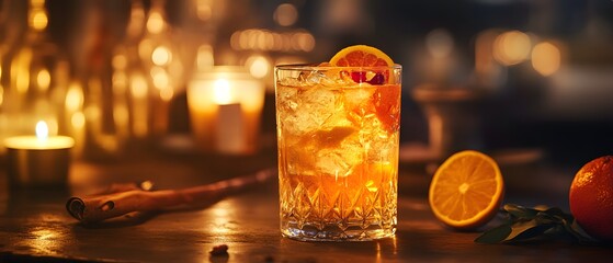A beautifully crafted cocktail served in a stylish glass, adorned with an orange slice. Set in a warm, inviting atmosphere, this drink exudes relaxation and sophisticated charm.