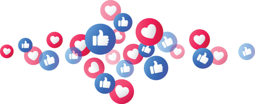 Thumbs up and hearts emojis floating on transparent background, vector icon symbolizing positive feedback, expression, reaction, approval, engagement on social media platforms