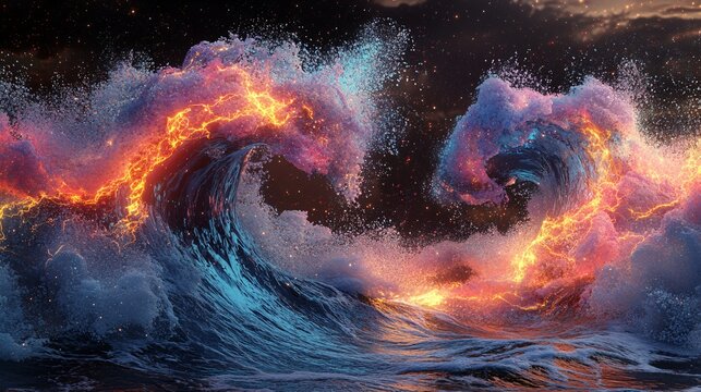 A neon glitch wave breaking apart in a cyber world - Powered by Adobe