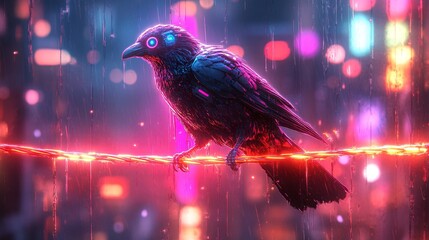 A neon robotic raven perched on a neon wire