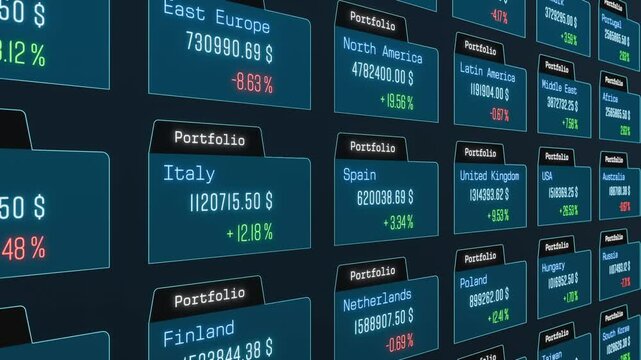 Investment, local portfolios of different countries. Stock market, market research, data, portfolio management, trading, wealth, business. 3D animation