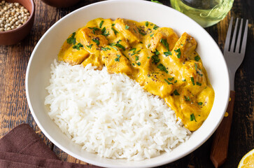 Chicken curry with rice. Tikka Masala. Indian food.