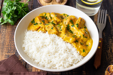 Chicken curry with rice. Tikka Masala. Indian food.