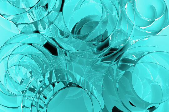 Abstract vibrant background - pattern of bubbles, curls, circles of turquoise, aqua blue glossy plastic with energy, dynamic, modern, urban vibe for business, science, party, medicine. 3D rendering.