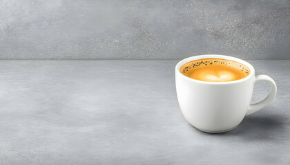 A single cup of latte art coffee on a grey surface