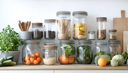 A collection of various jars filled with healthy ingredients, showcasing an organized kitchen shelf with fruits, vegetables, and grains, promoting a sustainable lifestyle.