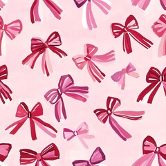 his charming pattern showcases colorful hand-painted bows in shades of pink and red against a soft pink backdrop. Perfect for festive designs, gift wrapping, or romantic themes, adding a playful touch