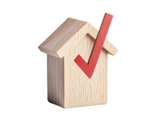 A wooden house model with a red checkmark symbolizing approval or success in home-related matters, Transparent background.