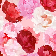A vibrant floral seamless pattern featuring lush peonies in shades of red, pink, and white against a soft pink background, creating a bold, artistic design perfect for decorative use