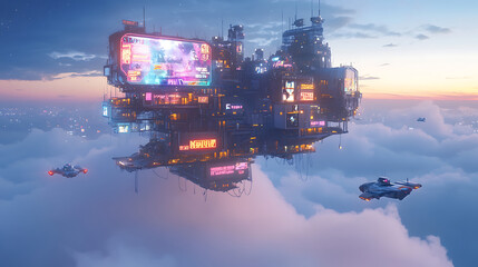Futuristic cyberpunk city floating in the sky with neon lights.
