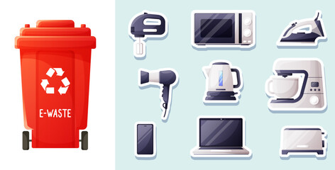 Electronic waste and recycling bin set for waste sorting. Electronic waste stickers, sorting game for kids. Zero waste theme and waste recycling, reuse, save the environment.