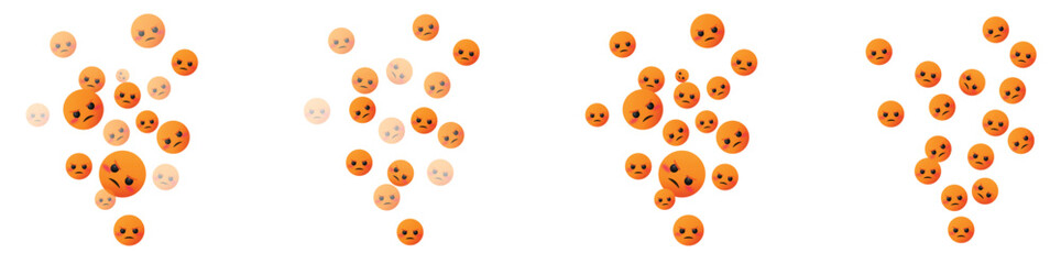 Angry orange icons emojis floating and exploding on transparent background for expressing disagreement, frustration, disapproval, upset,  negativity, rage, fury, irritated, annoyed, mad mood