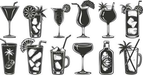 Collection of various classic cocktail glasses and drinks with garnishes