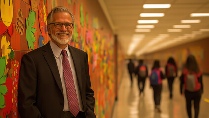 middle aged male school principal smiling in colorful school hallway, surrounded by students. vibrant wall art adds cheerful atmosphere to educational environment