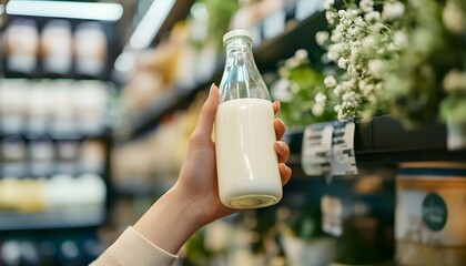 A hand holding a glass bottle of fresh milk in a grocery store, surrounded by greenery. The scene captures the essence of healthy living and the choice of organic products.