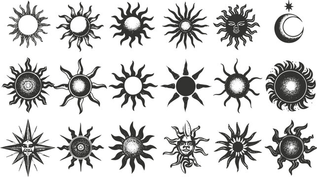 Collection of decorative sun and moon symbol designs in black and white